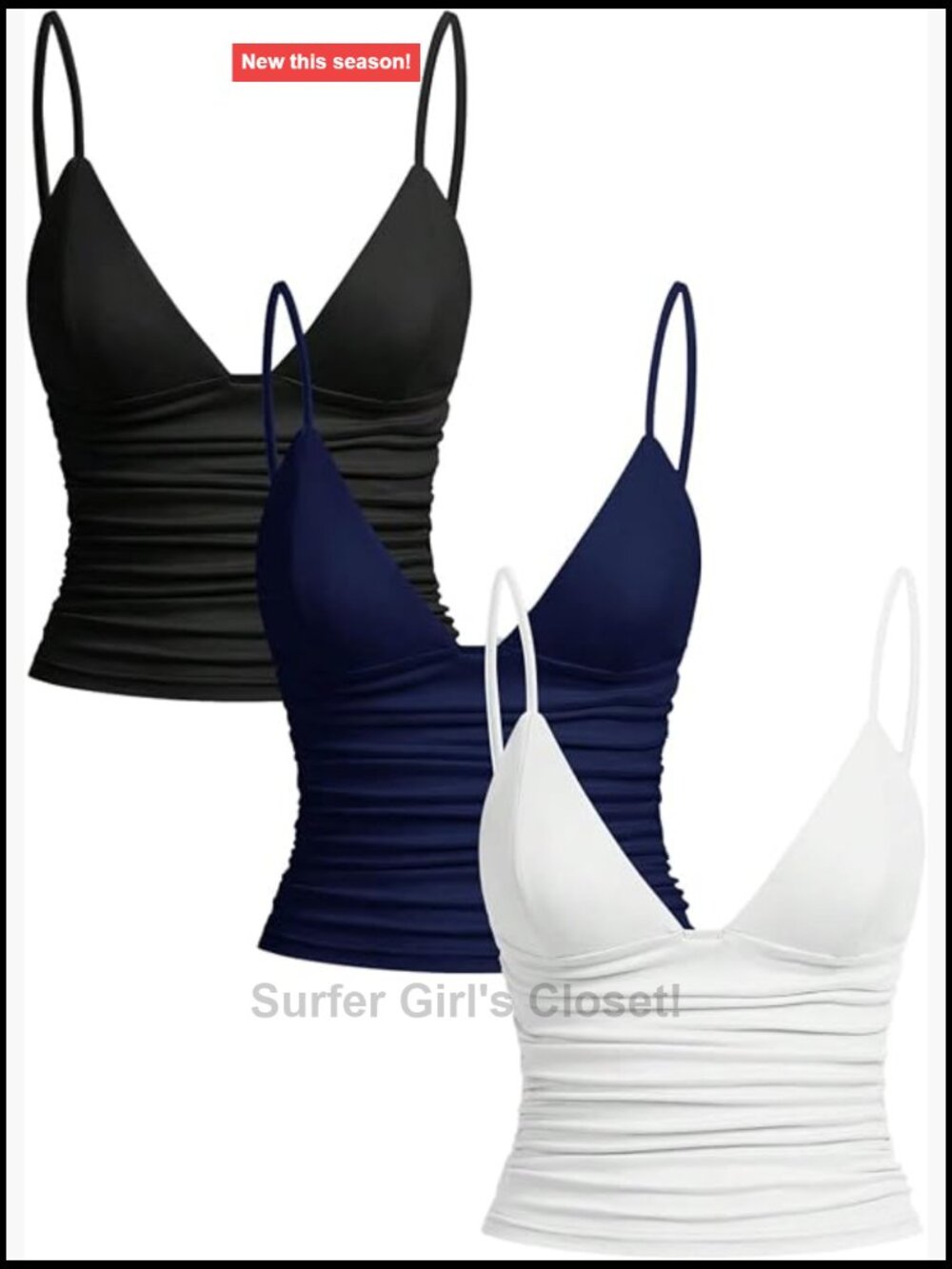 3 Pack V Neck Ruched Cami Crop Tops Spaghetti Strap Sleeveless